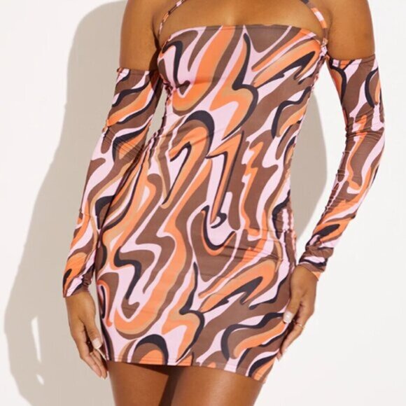 Prettylittlething Pink Abstract Print Slinky Cold Shoulder Bodycon Dress US 2 - Picture 1 of 9